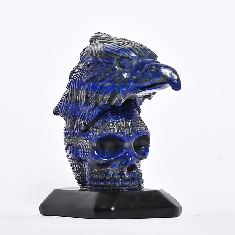 Natural Hand Carved Lapis Lazuli Eagle Bust With Skull Carving Gemstone