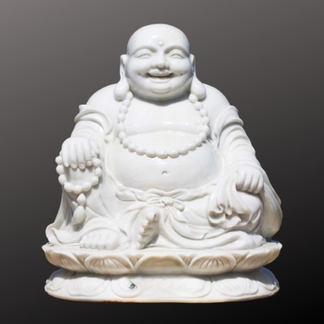 Laughing Buddha Statue in White Marble 2′